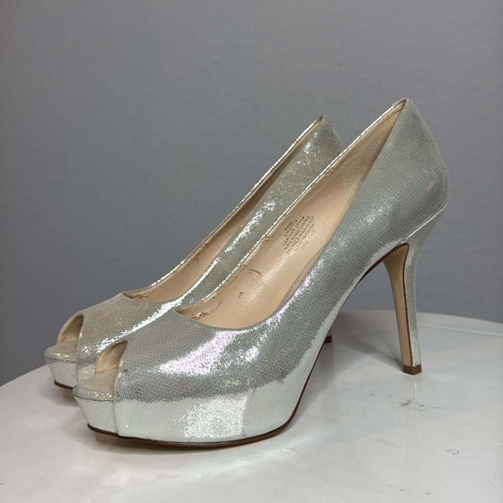 NINE WEST QTPIE METALLIC LEATHER PEEP TOE PLATFORM HEELS - Picture 4 of 15